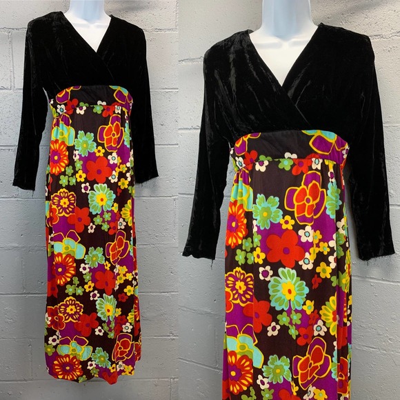 60s Flower Power Psychedelic Maxi Dress Crushed Velvet Bodice Petites by Siro - Picture 1 of 10